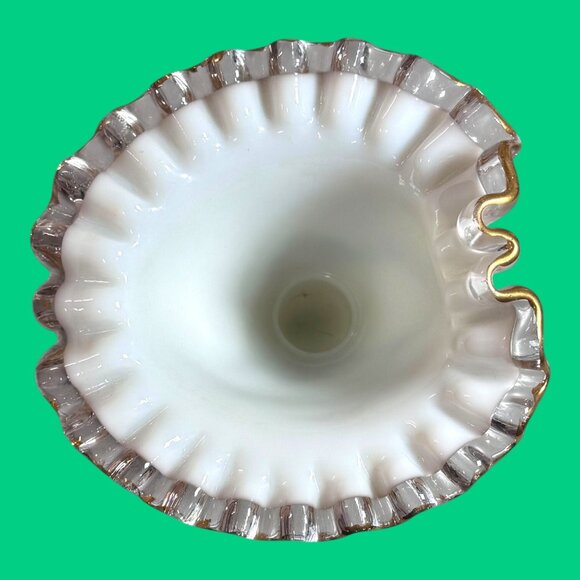 Fenton Cornucopia Milk Glass Gold Crested Bud Vase Hand Painted Floral Design - Picture 6 of 8